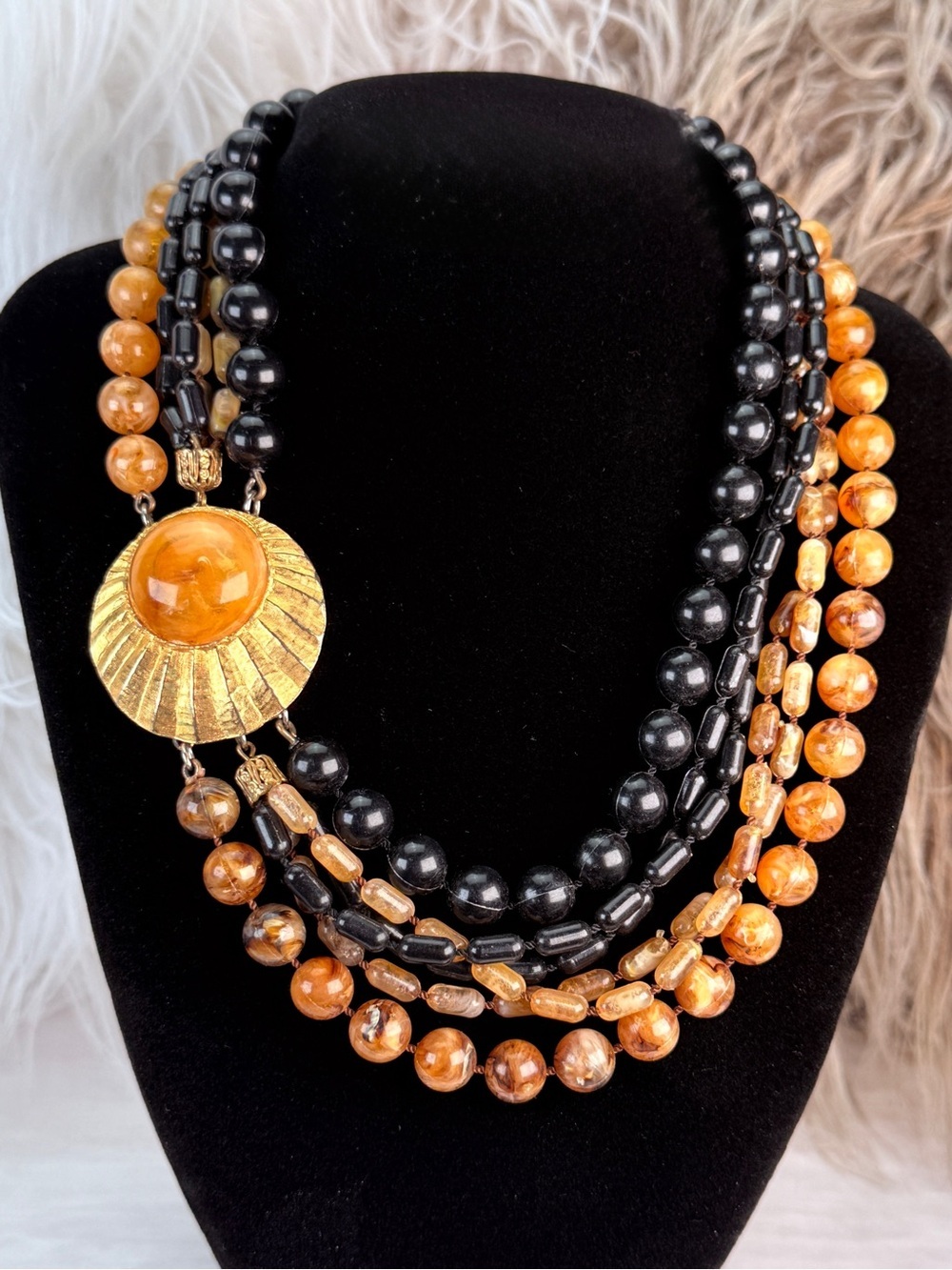 Vintage Multi Strand Black Amber Tone Bead Necklace Gold Tone Centerpiece